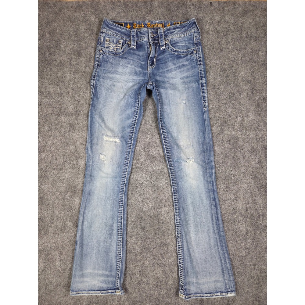 Rock Revival Lang Bootcut Jeans Womens 26 Blue Distressed Mid Rise Thick Stitch - Picture 1 of 13